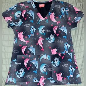 Women's Dolphin Print Scrub Top - Pink & Blue